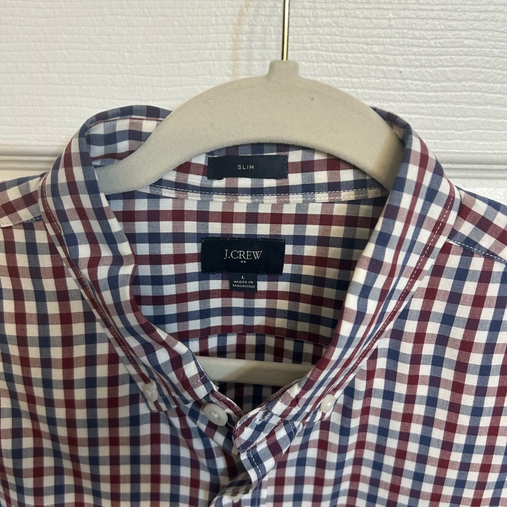 J. Crew Men's Plaid Slim Shirt Burgundy and Navy Large